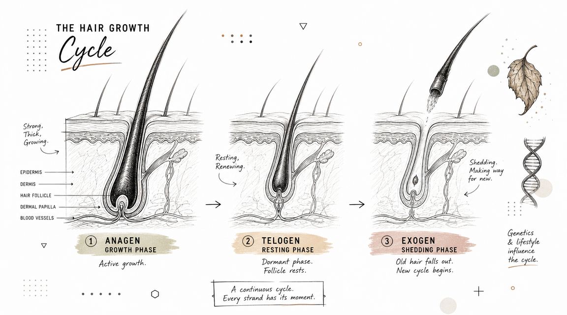 A diagram illustrating the three phases of the human hair growth cycle: anagen, telogen, and exogen.